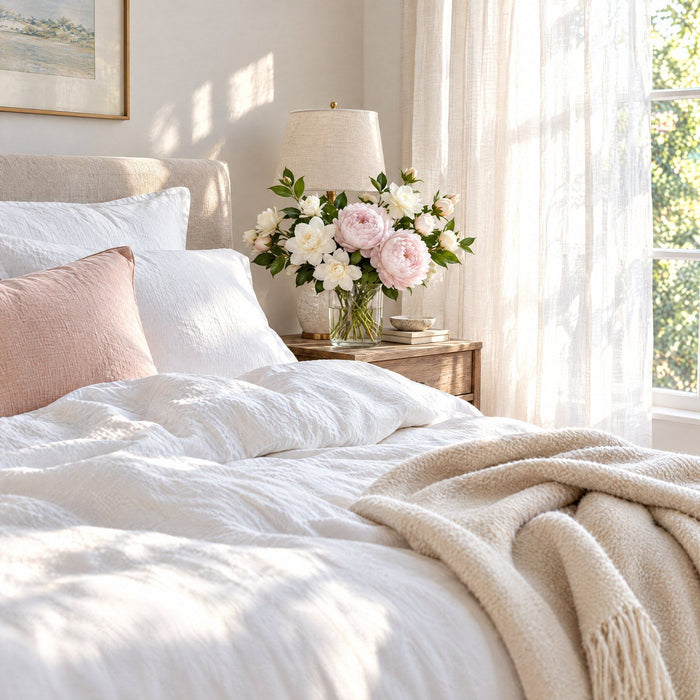 A serene bedroom with fresh flowers
