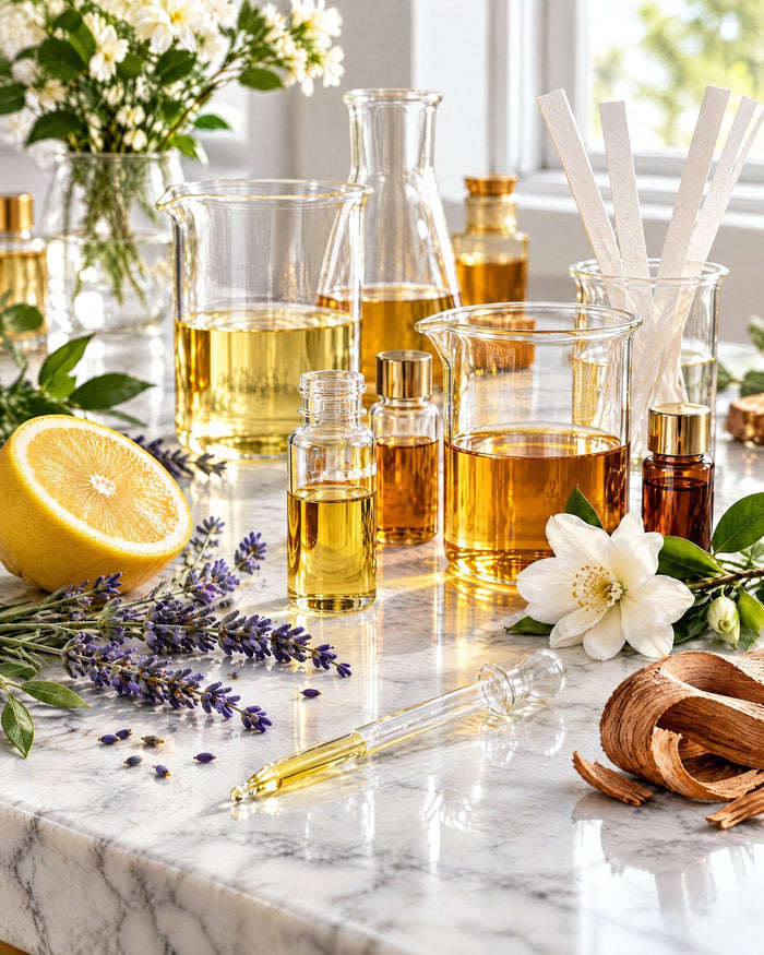 Glass beakers of golden fragrance oil with botanicals