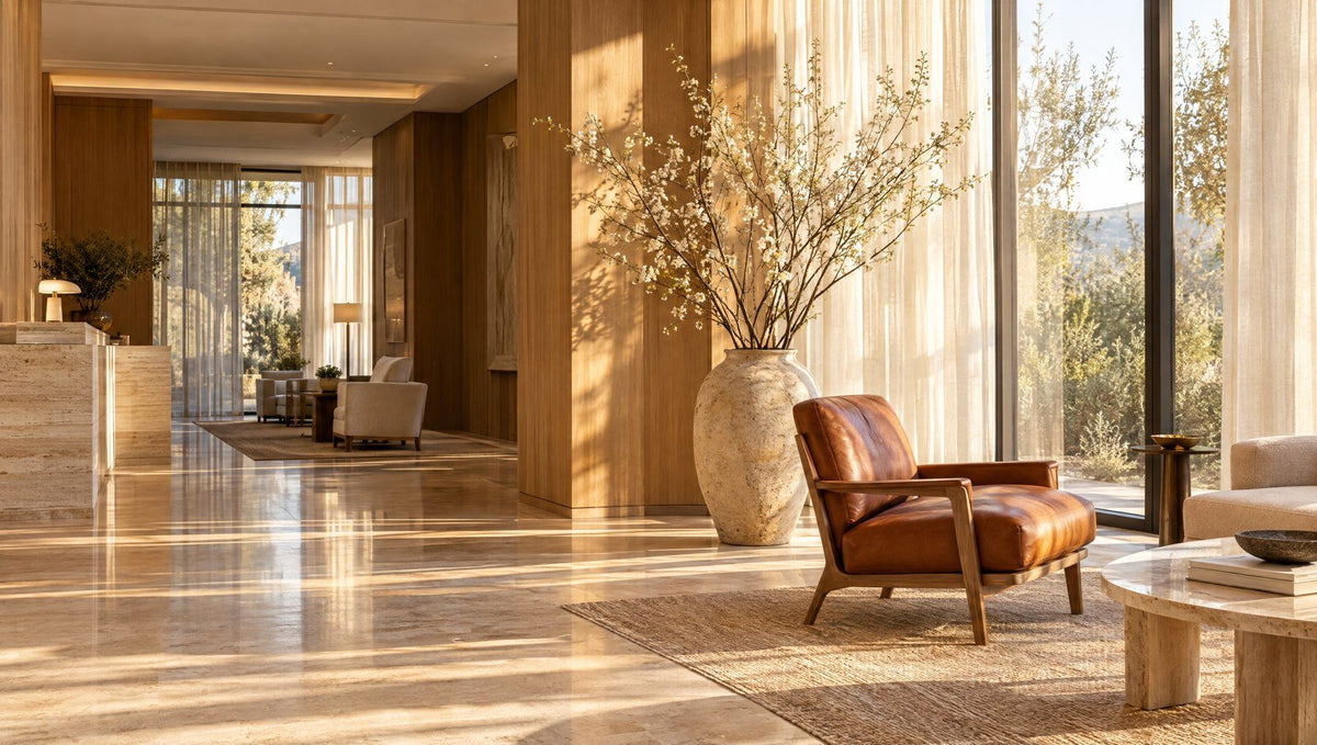 A sunlit hotel lobby with a leather armchair