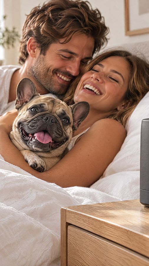 A couple with their French bulldog in bed