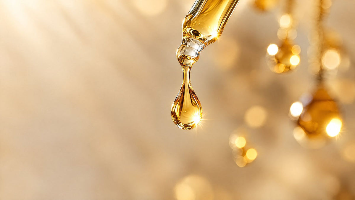 A golden drop of fragrance oil falling from a pipette