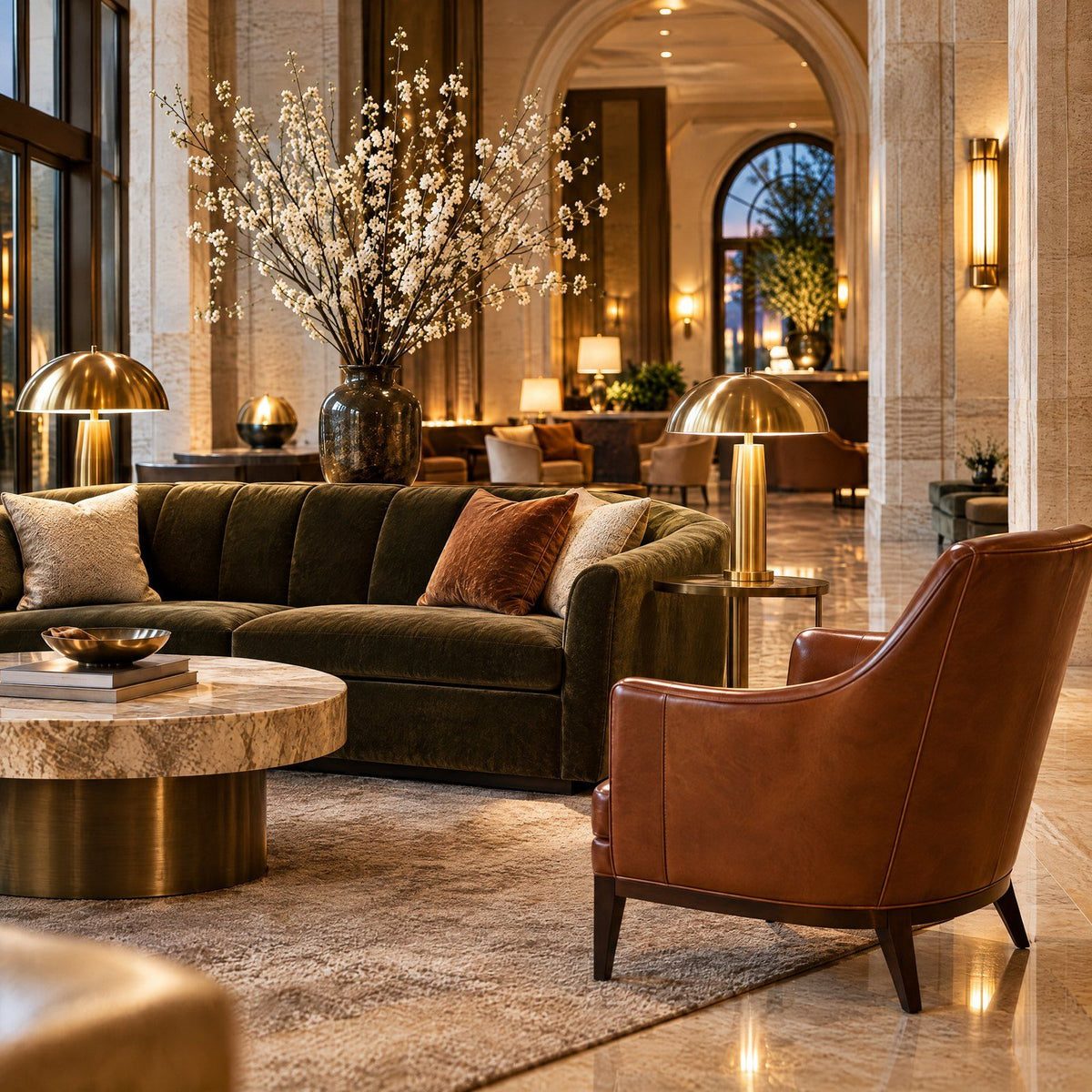 A grand hotel lobby at evening