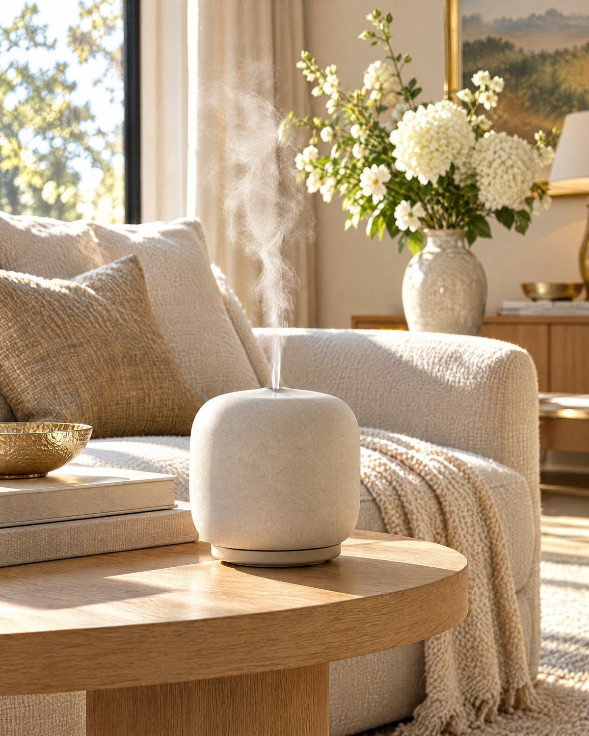 A diffuser releasing soft scented mist in a sunlit room