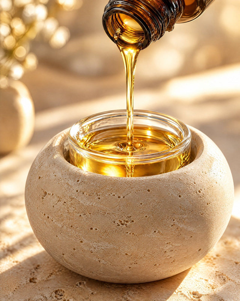 Golden fragrance oil pouring into a stone cold-air diffuser
