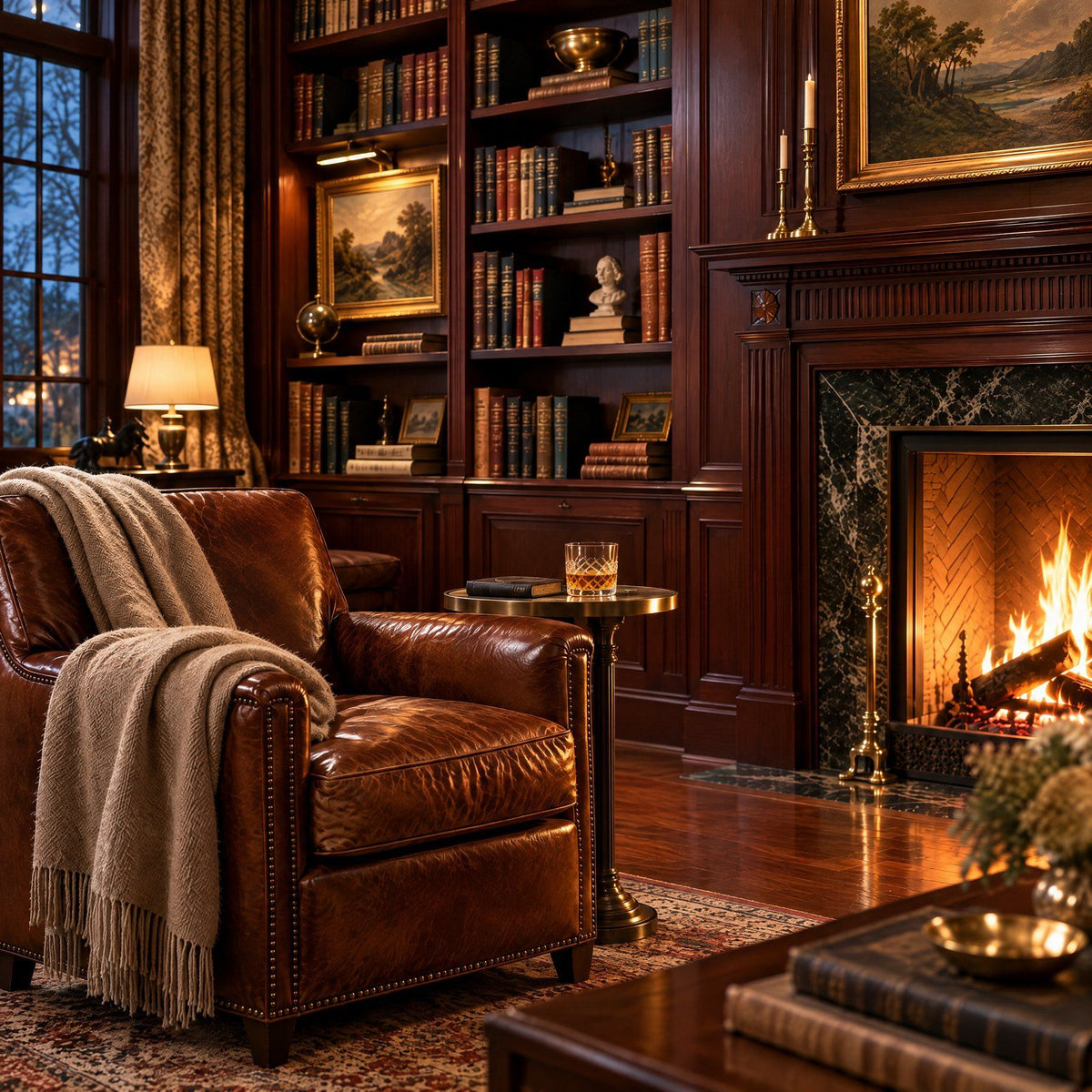 A warm wood-paneled room by the fire